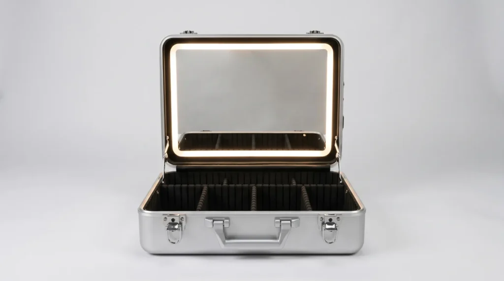 Aluvox JNZ-BR-001 luxury aluminum makeup case with LED lights and a built-in mirror