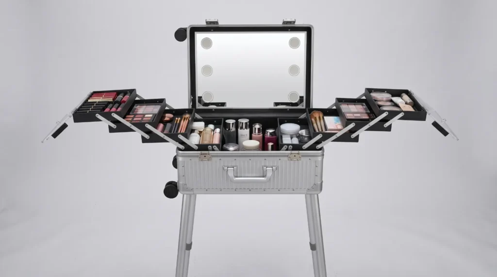 Open Aluvox YCT-026T aluminum makeup train case showing internal shelves and storage trays