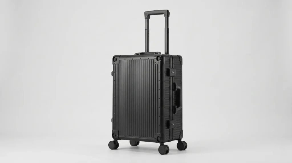 Aluvox YCT-026T black aluminum trolley makeup train case on four spinner wheels with a telescopic handle