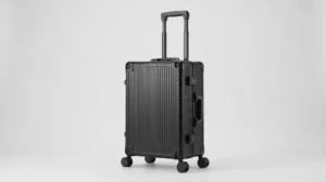 Aluvox YCT-026T black aluminum trolley makeup train case on four spinner wheels with a telescopic handle