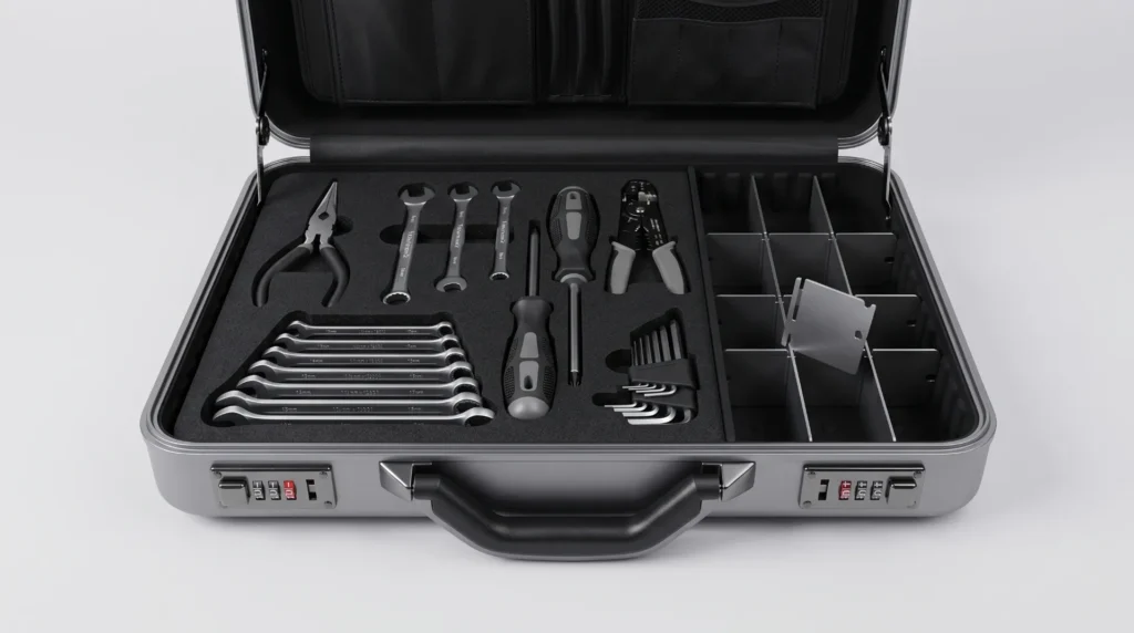 Aluminum tool case base with adjustable dividers and cut foam holding tools