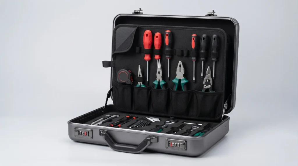 Aluminum tool case lid with a removable tool panel holding screwdrivers and pliers