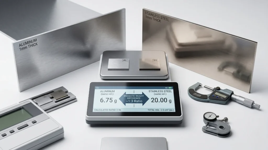 Aluminum vs stainless steel density weight comparison for luggage shell construction — 7.5 lbs vs 22 lbs example