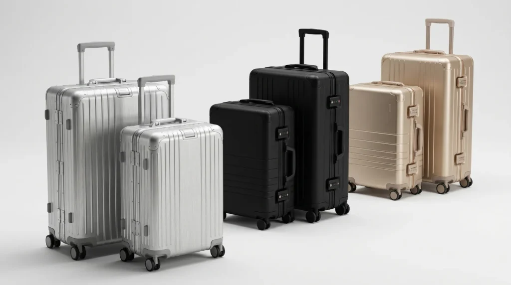 Aluvox aluminum luggage set OEM color options — brushed silver sandblasted matte anodized champagne for premium brand buyers