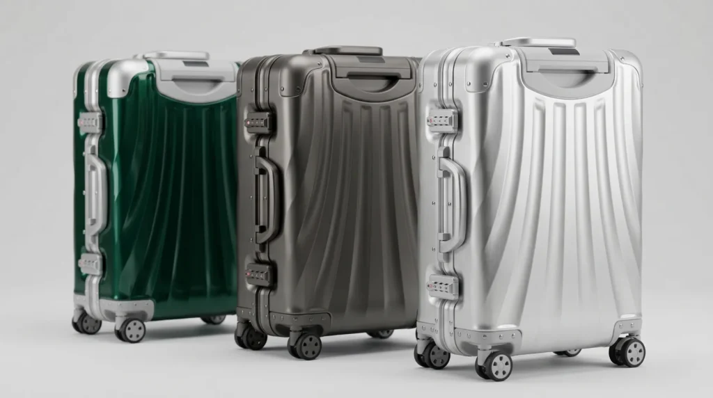 Aluvox metal suitcase OEM program — full aluminum and aluminum frame construction options in multiple finishes