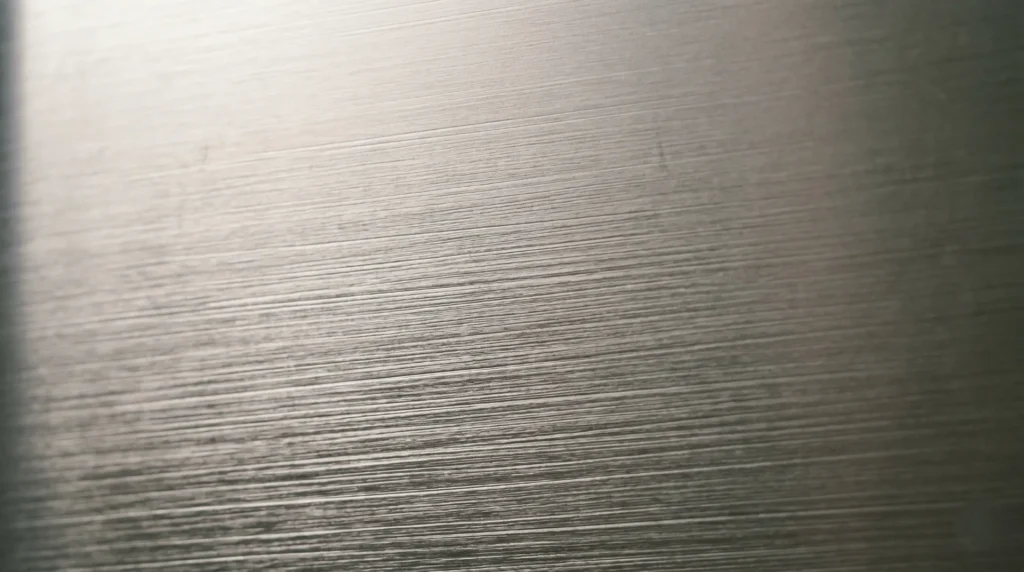 Brushed aluminum suitcase surface finish that minimizes visible dents and scratches for premium brand positioning