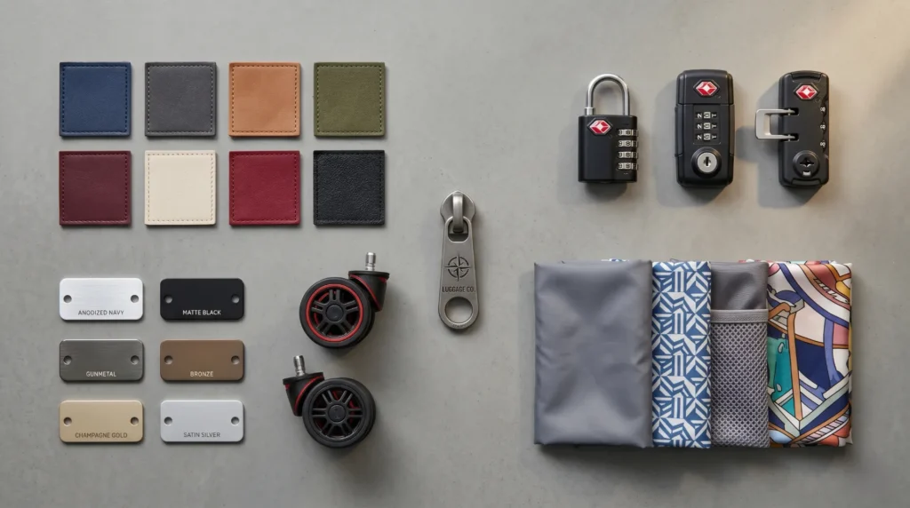 What you can customize on a branded luggage line — color, logo, hardware, and interior options