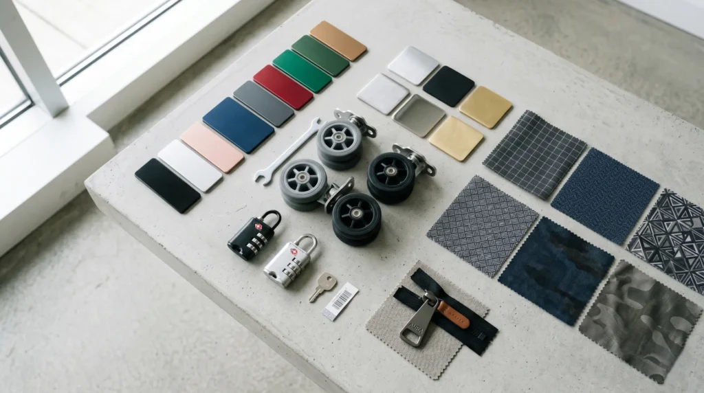 What you can customize on a branded customized luggage line — color, logo, hardware, and interior