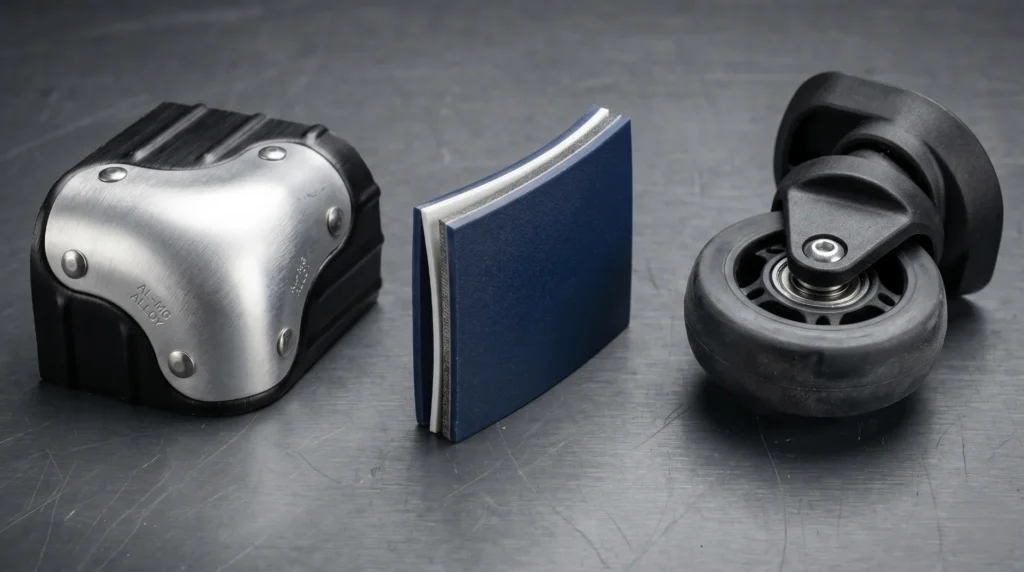 Durability-grade luggage materials and testing — aluminum alloy, three-layer polycarbonate, and reinforced wheels