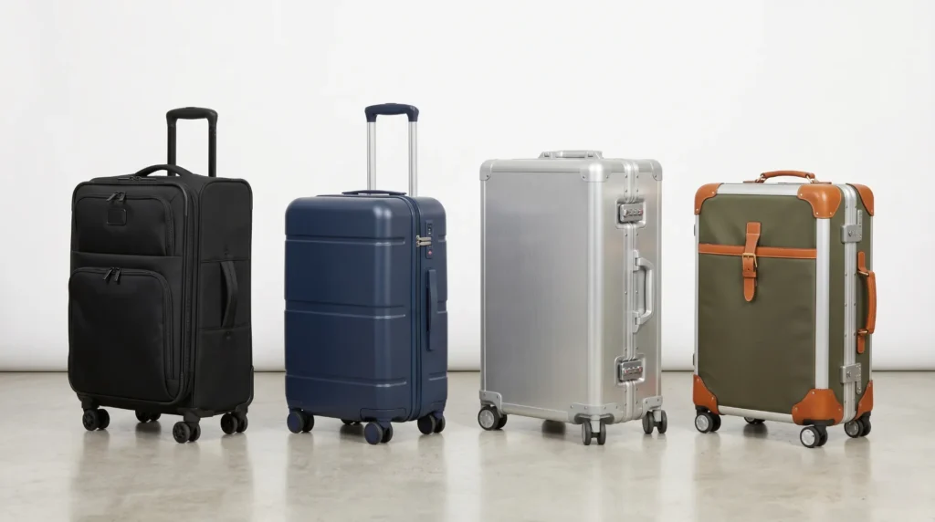 Four types of suitcase manufacturers — cut-and-sew soft-side, hardside injection, aluminum, and full-service