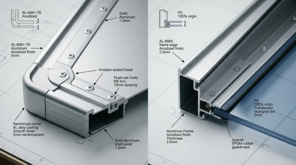 Full aluminum versus aluminum frame with polycarbonate shell construction comparison for metal suitcase sourcing