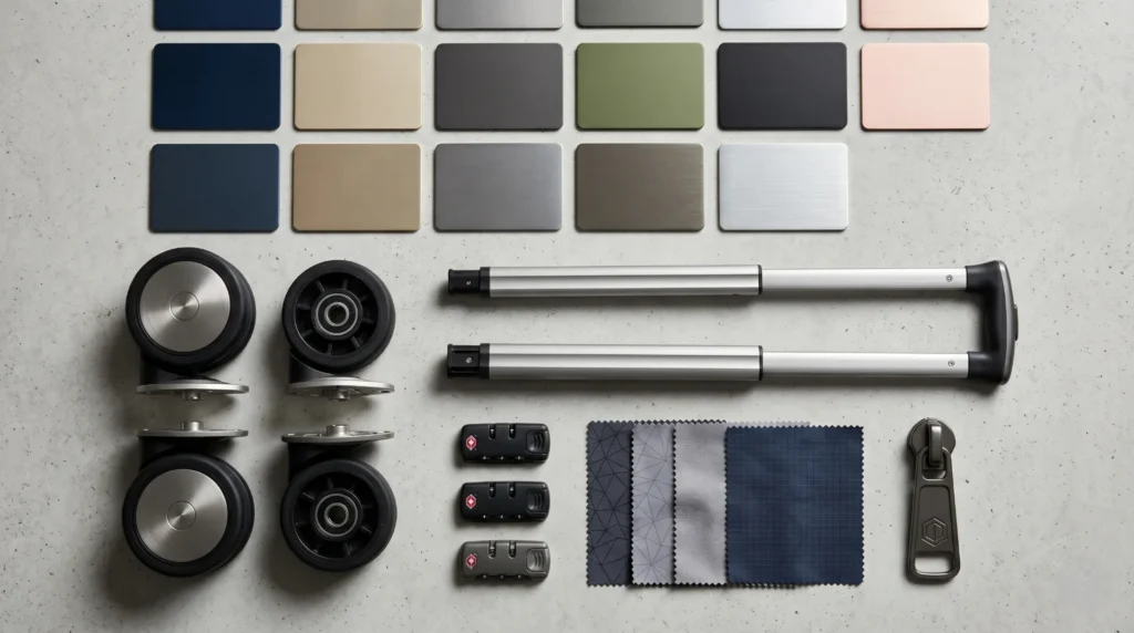 Hard-shell suitcase customization elements — shell color, hardware, interior lining, and branding options
