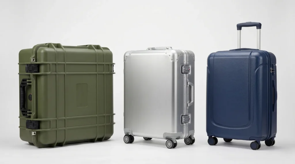 Three categories of industrial luggage — military protective case, durability-grade travel luggage, standard luggage