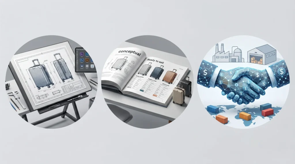 Three luggage supplier types — OEM factory, ODM factory, and trading company compared