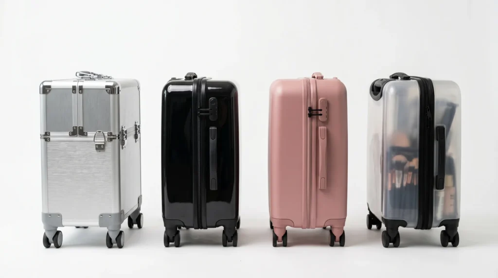Makeup luggage material options — aluminum polycarbonate ABS PVC for OEM beauty brand sourcing