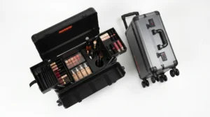 Makeup luggage trolley case guide for beauty brands — wheeled cosmetic storage with telescopic handle and multi-tier interior