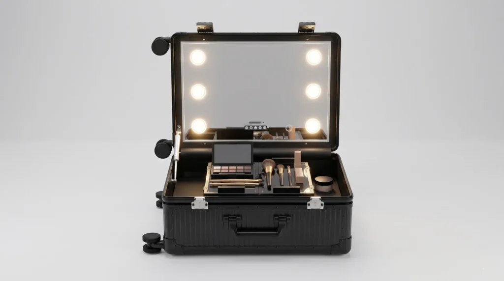 Aluvox YCT-026T aluminum makeup trolley case with LED-lit mirror and storage shelves