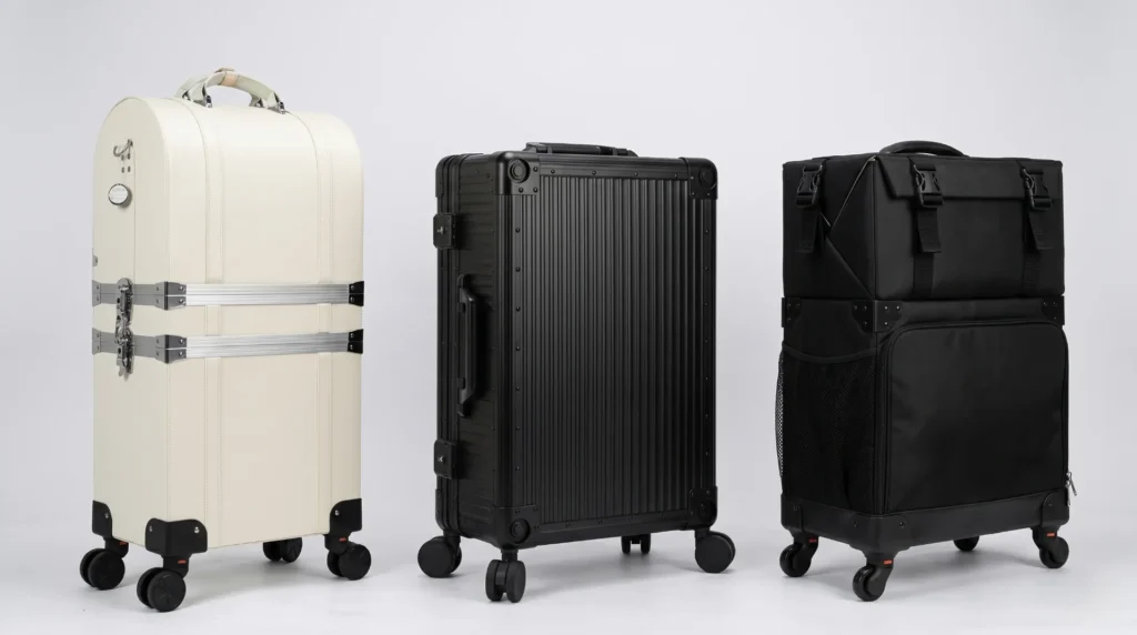 Range of Aluvox makeup trolley cases in aluminum, leather-look and soft rolling builds