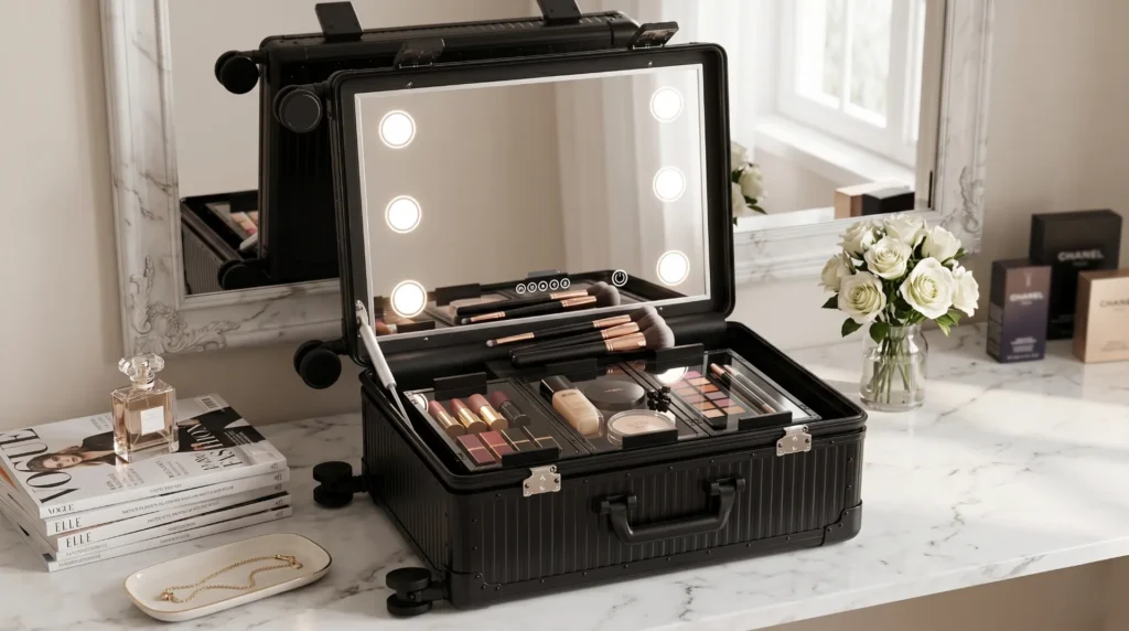 Makeup trolley LED mirror with multi-tier interior tray system — professional cosmetic case OEM features