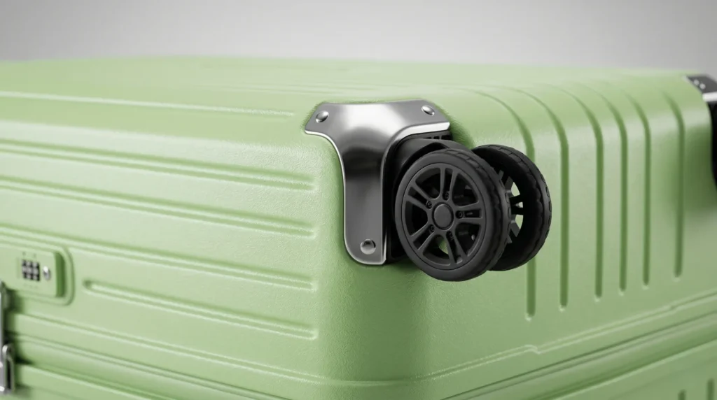 Close-up of an Aluvox polycarbonate suitcase shell and spinner wheel