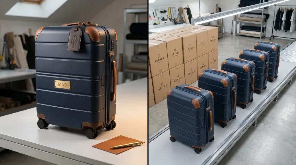 Personalization versus brand manufacturing custom luggage — one personalized case versus a branded product line
