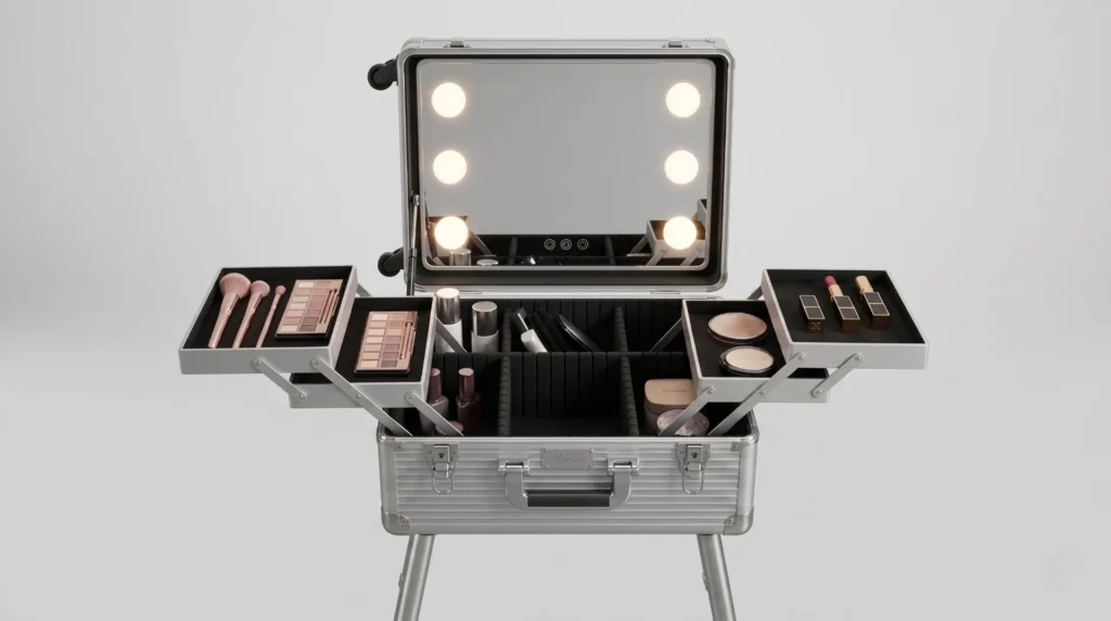 Professional makeup trolley with LED mirror and adjustable stand — Aluvox aluminum cosmetic case for beauty artists