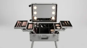 Professional makeup trolley with LED mirror and adjustable stand — Aluvox aluminum cosmetic case for beauty artists