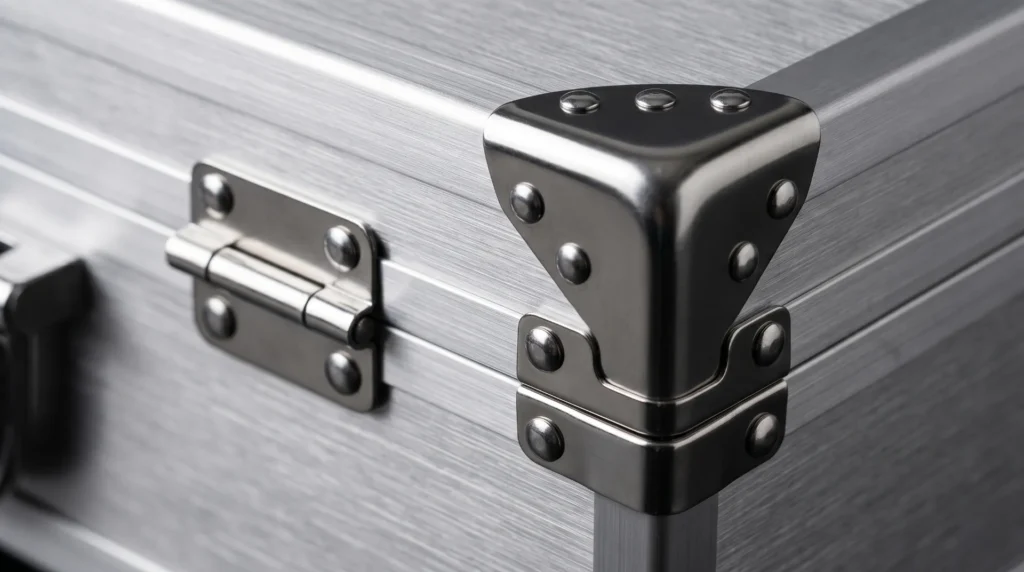Premium aluminum luggage construction detail — 304 stainless steel hinges latches and corner reinforcement on aluminum shell