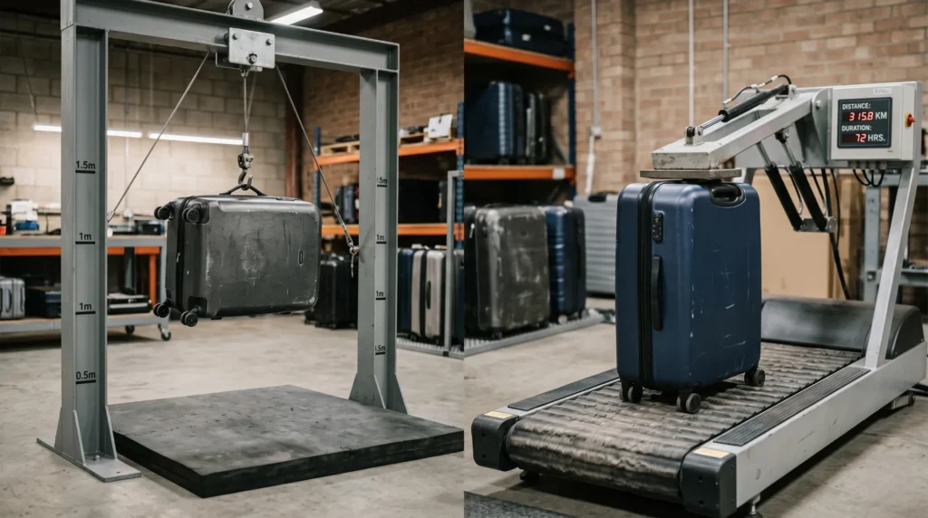 Suitcase factory quality control and in-house testing — drop test, wheel mileage, and handle jerk testing