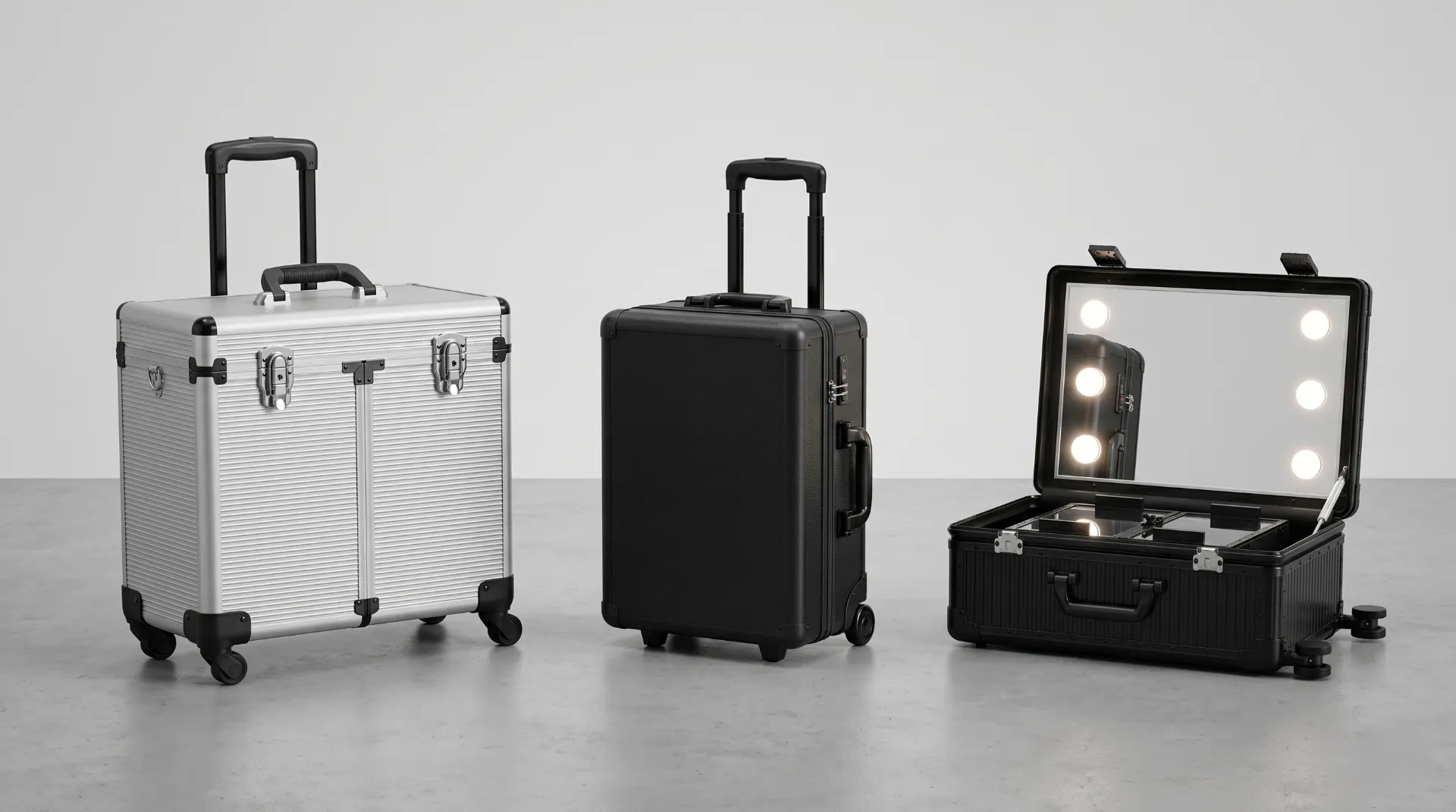 Three makeup luggage formats — hard-shell trolley wheeled carry-on and LED light case comparison for beauty brand sourcing