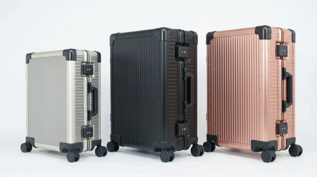 Range of titanium luggage in silver, black and rose gold finishes from a titanium luggage manufacturer