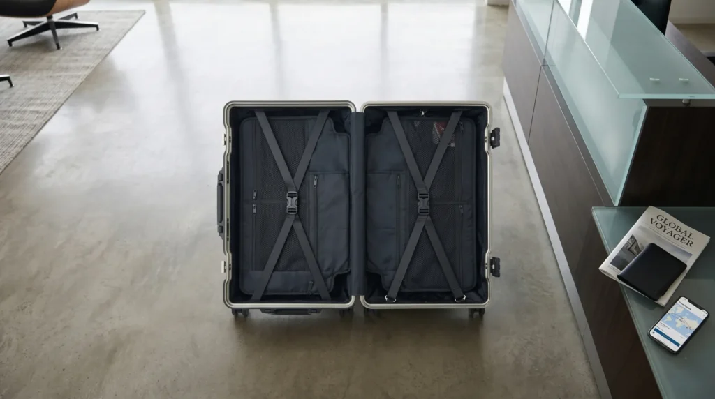 Open titanium hard-shell carry-on suitcase showing lined interior with compartments and compression straps
