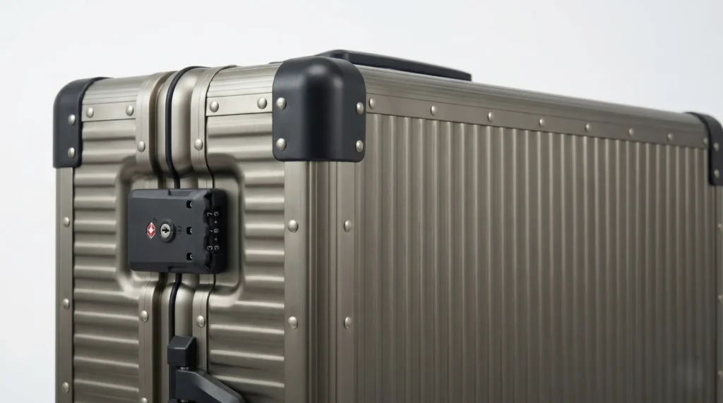 Close-up of a titanium hard-shell suitcase corner with reinforced guard, rivets and TSA combination lock