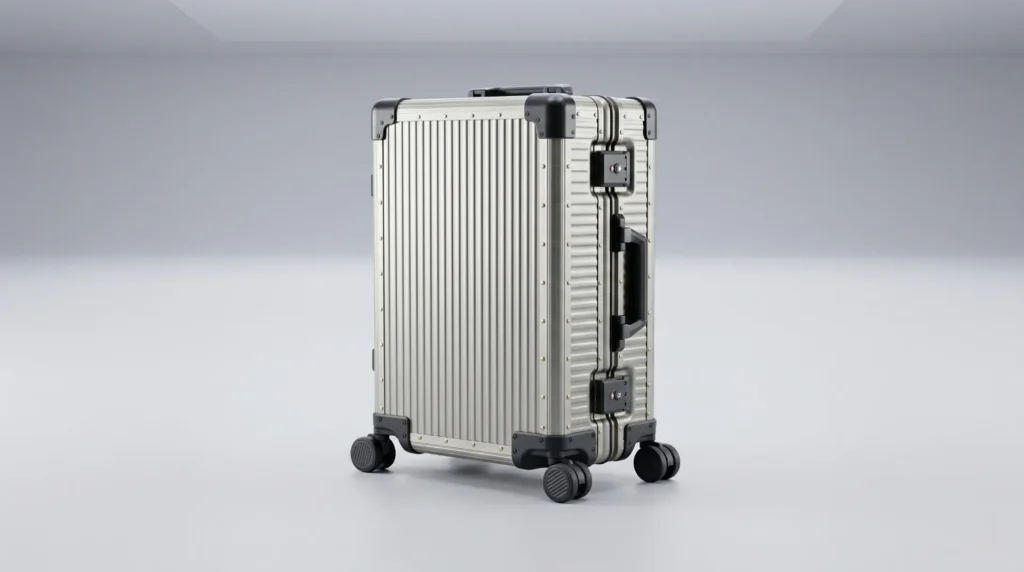 Brushed silver titanium hard-shell carry-on suitcase with ribbed grooves from a titanium luggage supplier