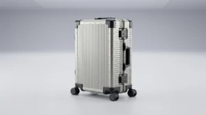 Brushed silver titanium hard-shell carry-on suitcase with ribbed grooves from a titanium luggage supplier