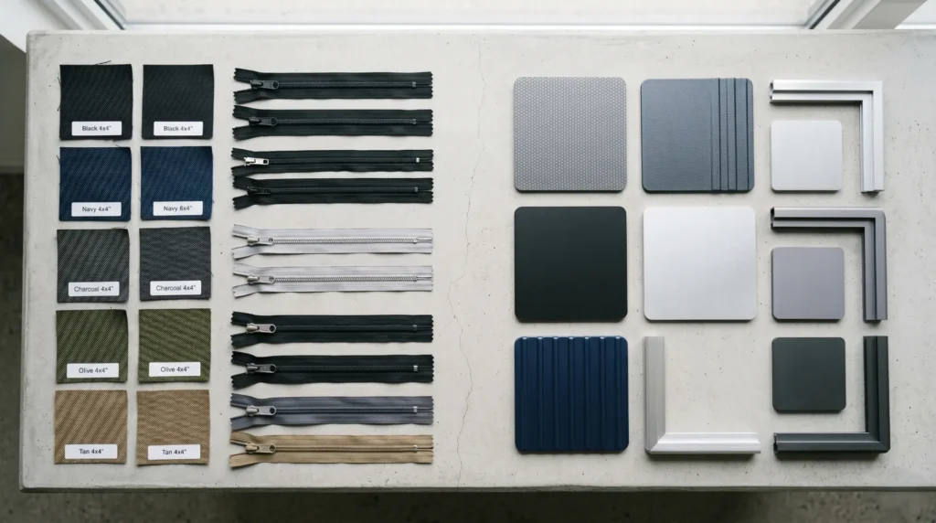 Travel bag materials across categories — nylon and textiles for soft goods, polycarbonate and aluminum for hardside