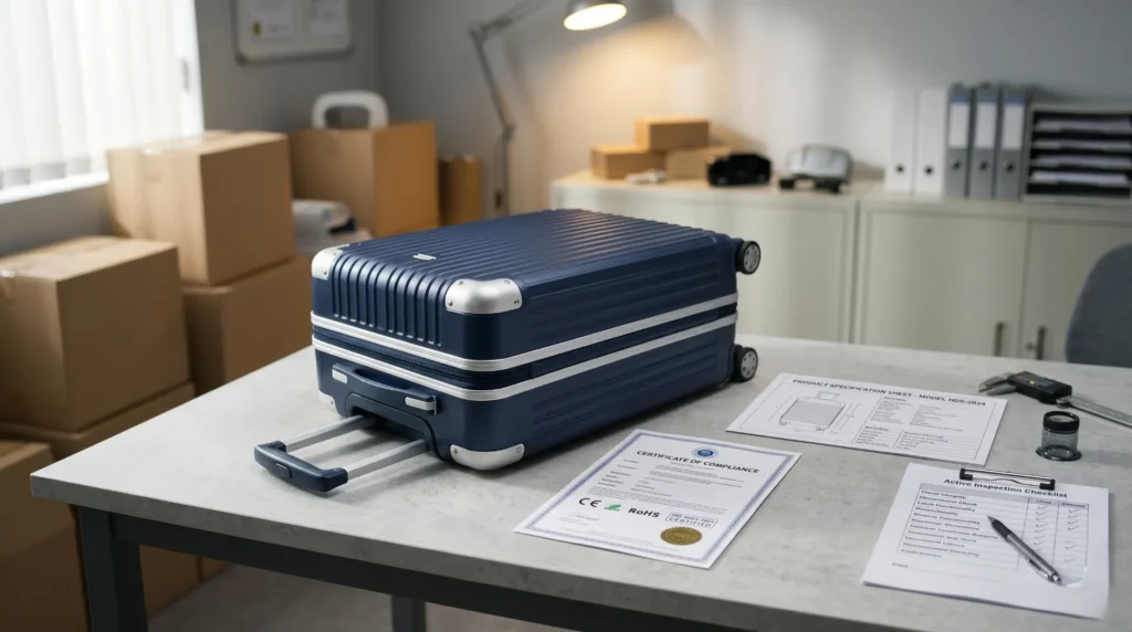Verifying a luggage supplier — physical sample, certifications, and AQL inspection before ordering