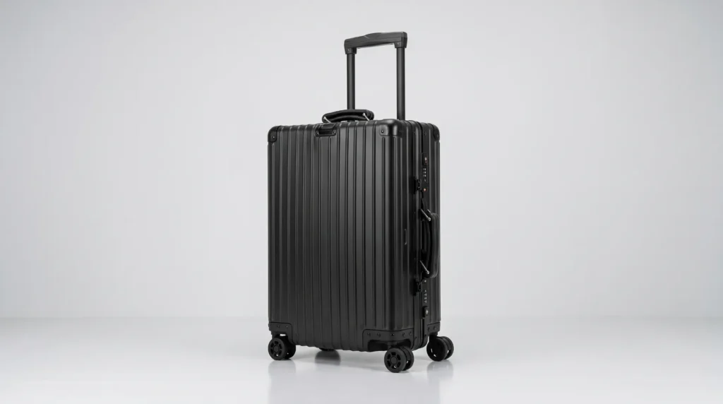 Aluvox YCT-053 black aluminum-magnesium carrying case on four spinner wheels with a telescopic handle