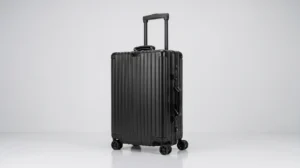 Aluvox YCT-053 black aluminum-magnesium carrying case on four spinner wheels with a telescopic handle