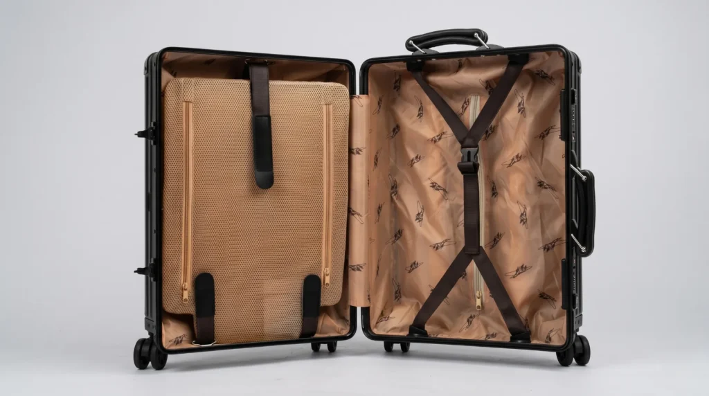 Open Aluvox YCT-053 aluminum carrying case showing the nylon-lined interior with compression straps