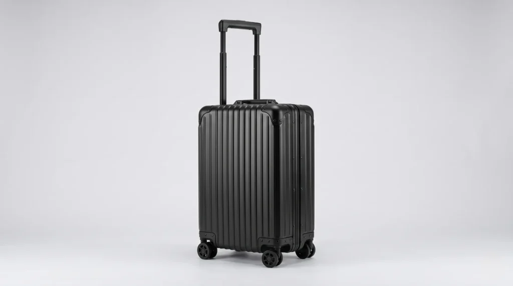 Side view of the Aluvox YCT-053 aluminum carrying case showing its telescopic trolley handle and spinner wheels