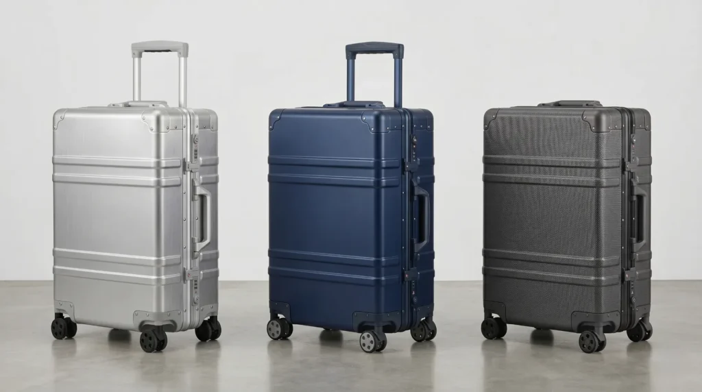 Three zipperless luggage construction types — full aluminum frame, aluminum frame with polycarbonate shell, structured polycarbonate