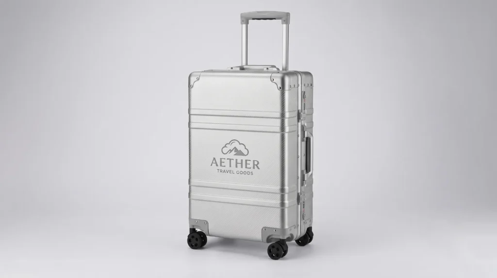Custom branded aluminum carry-on luggage with client logo, made through Aluvox's ODM private label service