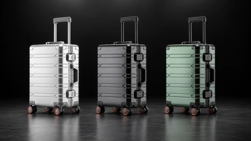 Illustration of silver, charcoal, and green TS-006 aluminum suitcases arranged in a single row