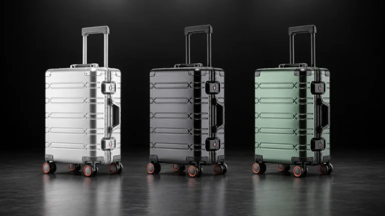 Illustration of silver, charcoal, and green TS-006 aluminum suitcases arranged in a single row