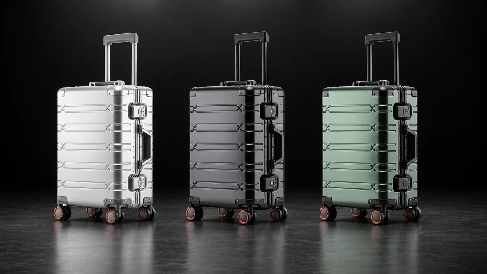Illustration of silver, charcoal, and green TS-006 aluminum suitcases arranged in a single row