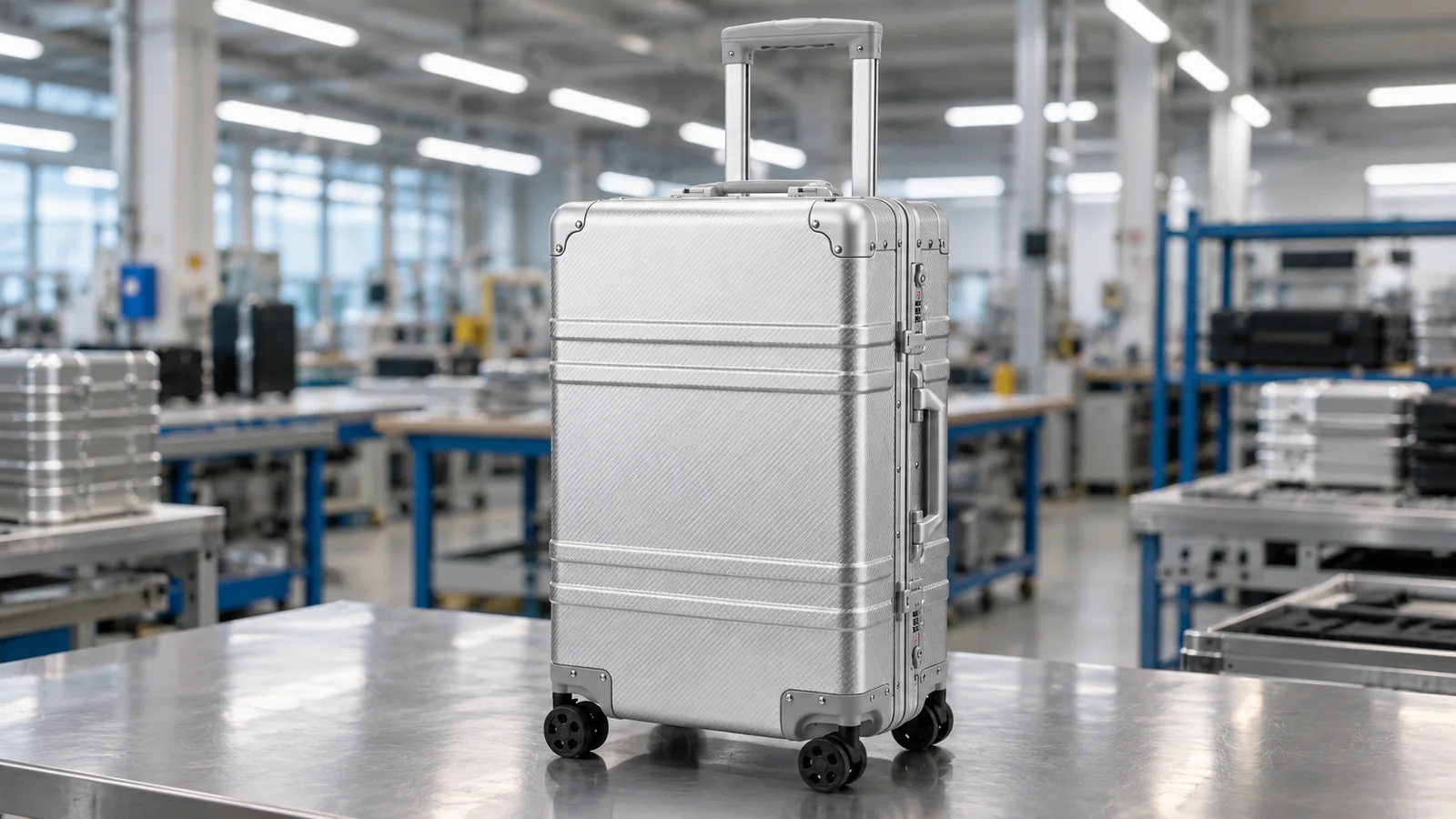 Silver aluminum suitcase sample standing on a steel inspection table in the factory