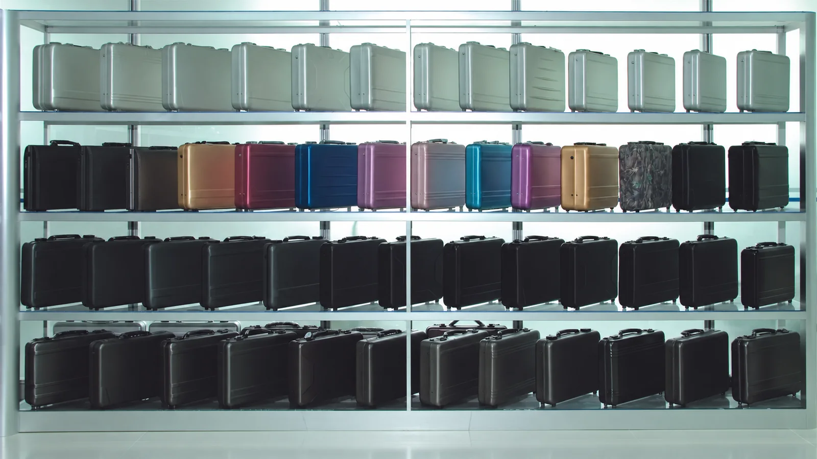 Shelf of existing aluminum case models in different colours and finishes