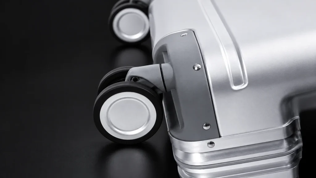 Close-up of a spinner wheel and corner guard on an aluminum suitcase, studio shot on black
