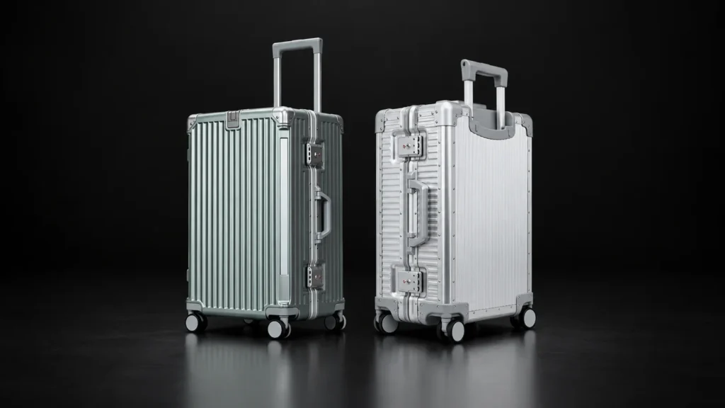 Grey-green aluminum-frame polycarbonate suitcase beside a silver full-aluminum suitcase from the Aluvox range, studio shot on black
